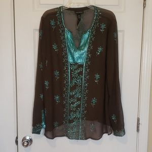 Brown/ Sheer/ Sequin/ Long-sleeve Top